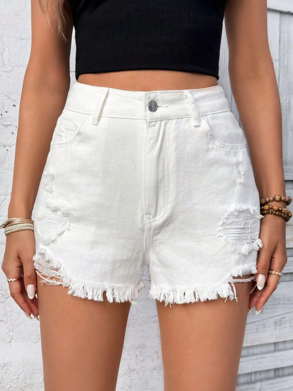 Women's Distressed Raw Hem High Rise Denim Shorts