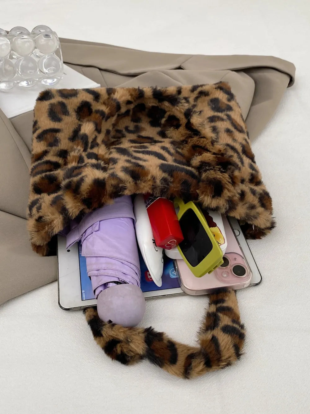 Leopard Print Fluffy Handbag with Zip