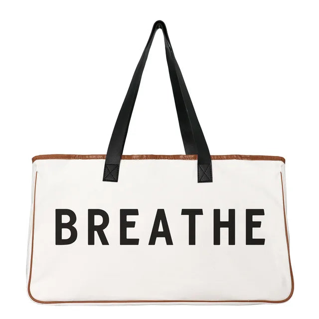 Large Slogan Beach Bag Cotton-Canvas With Genuine Leather Handles