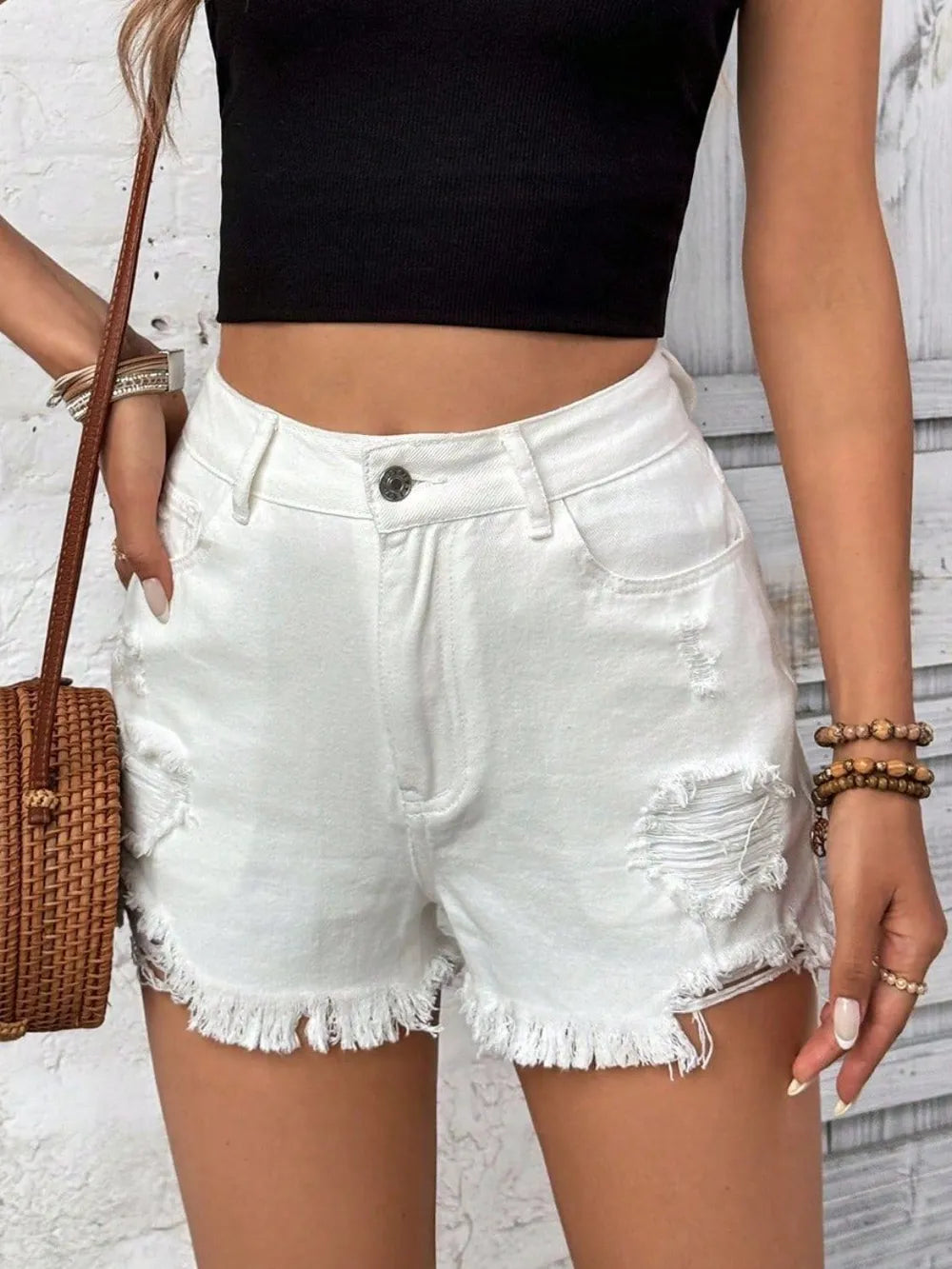 Women's Distressed Raw Hem High Rise Denim Shorts