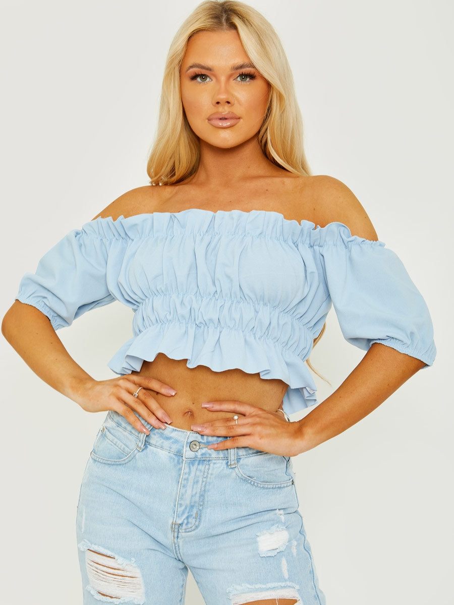 RTS (Ready To Ship) Ruched Frill Bardot Crop Top