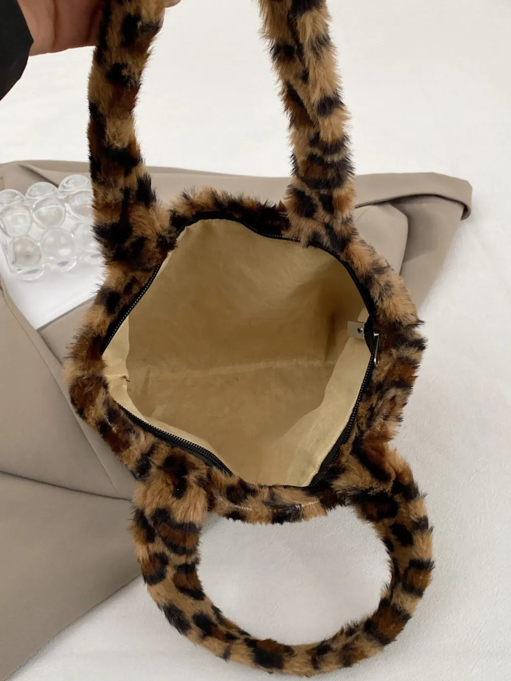 Leopard Print Fluffy Handbag with Zip