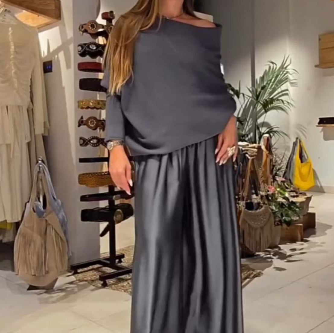 Elegant Two Piece Satin Top & Wide Leg Trouser Set - Various Colours