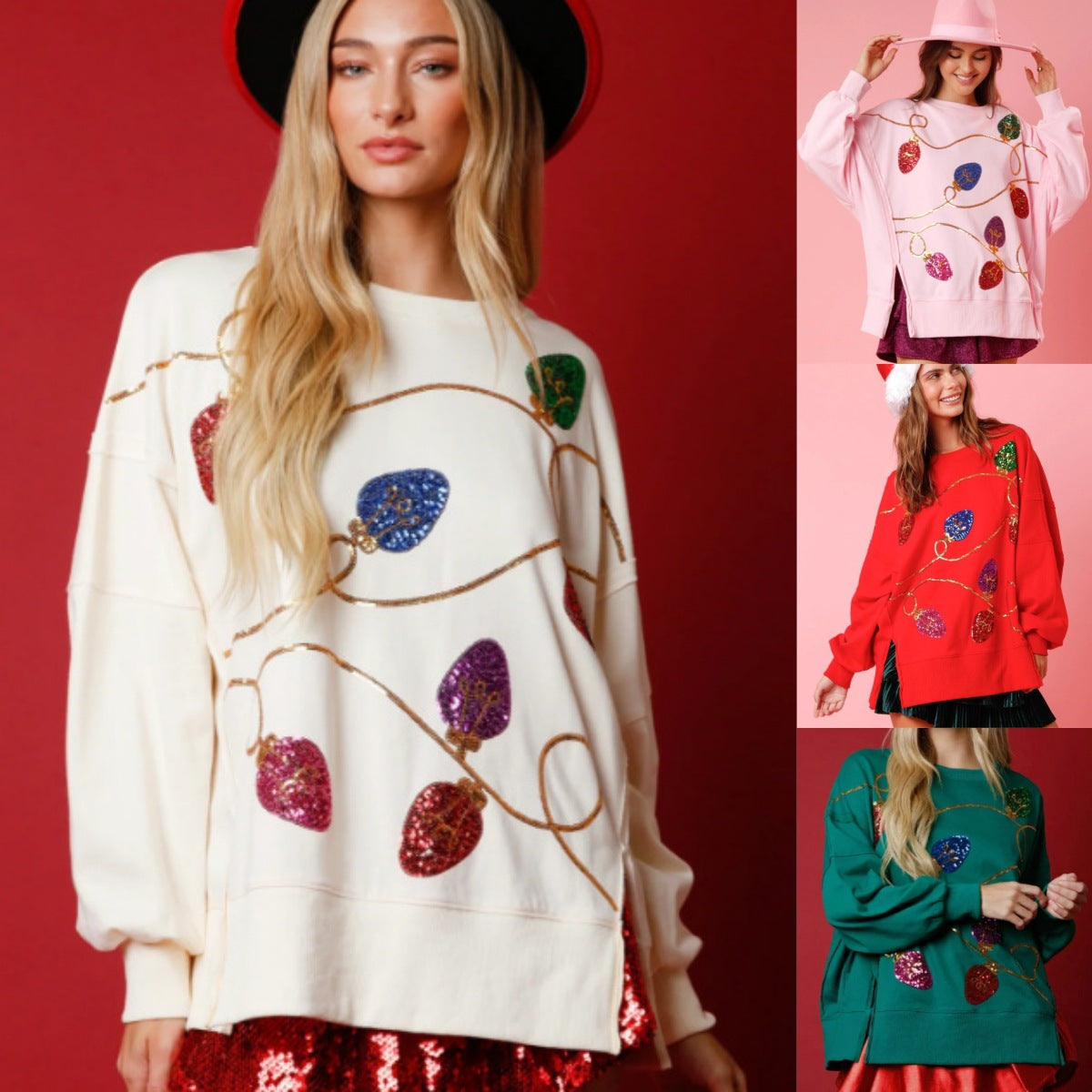 Women's Sweatshirt - Sequin Christmas Lights - Various Colours