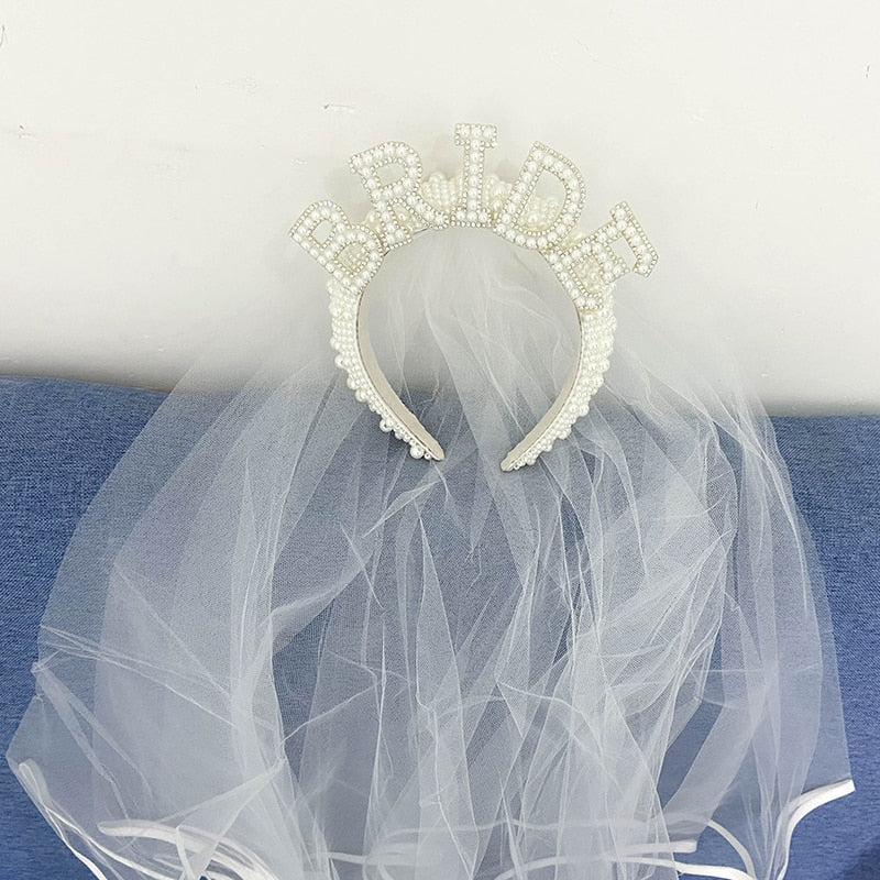 Bride to Be Pearl Crown Tiara and Veil Bachelorette Hen Party Bridal Shower