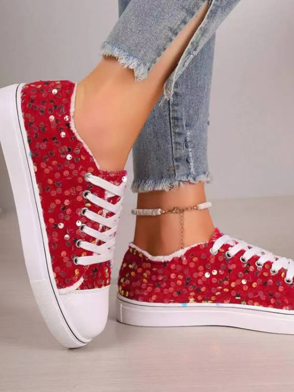 Sequin Round Toe Flat Trainer