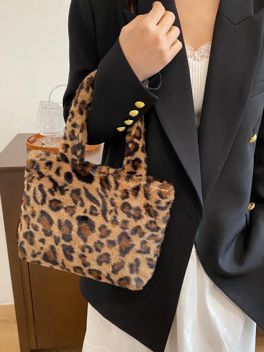 Leopard Print Fluffy Handbag with Zip