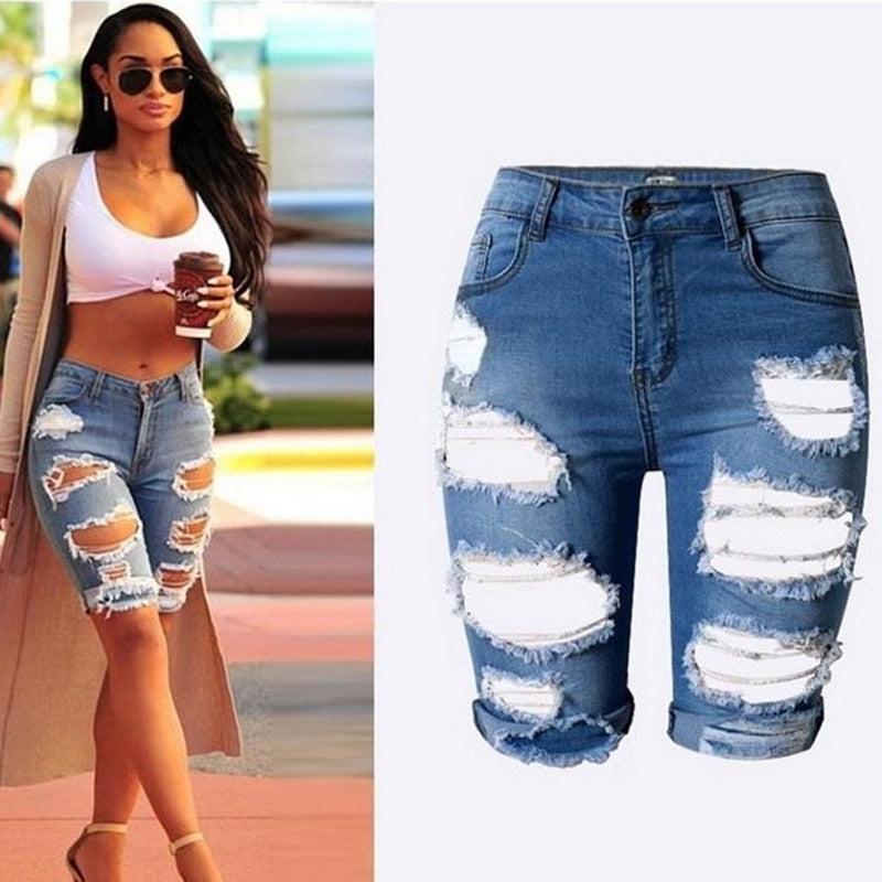 Women's High Waist Ripped Denim Shorts