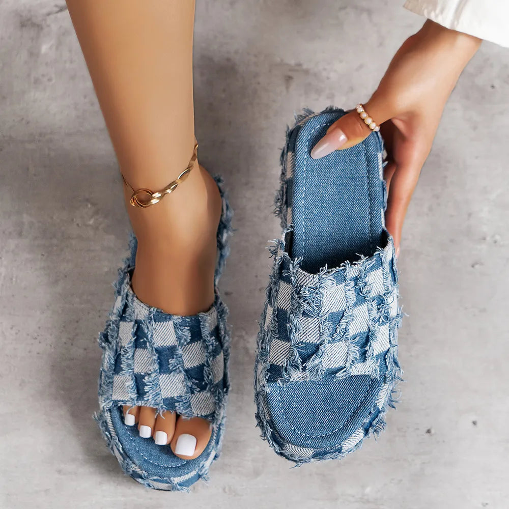 Women's Raw Hem Plaid Sandals