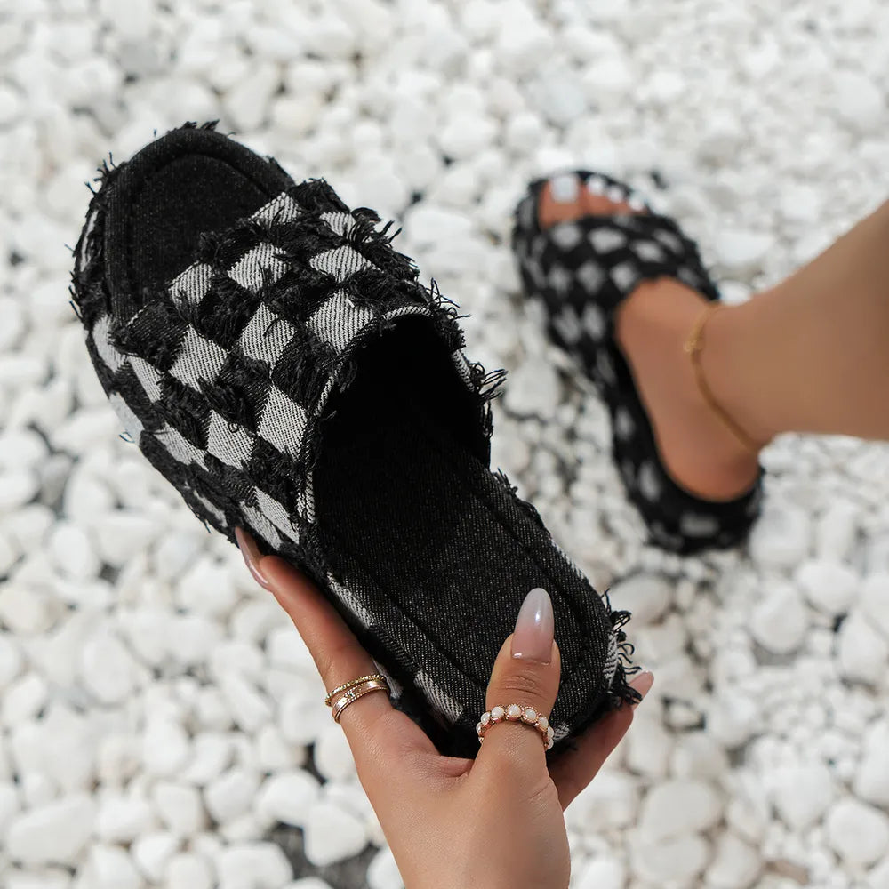 Women's Raw Hem Plaid Sandals