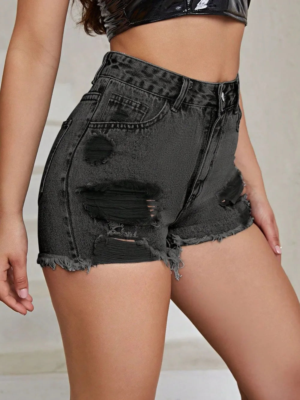Women's Distressed Raw Hem High Rise Denim Shorts