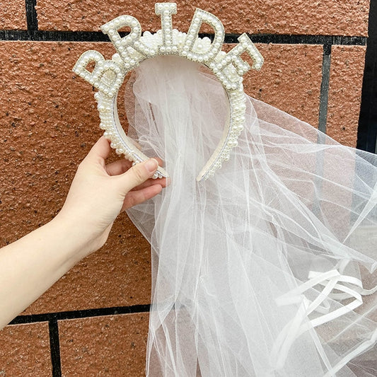 Bride to Be Pearl Crown Tiara and Veil Bachelorette Hen Party Bridal Shower