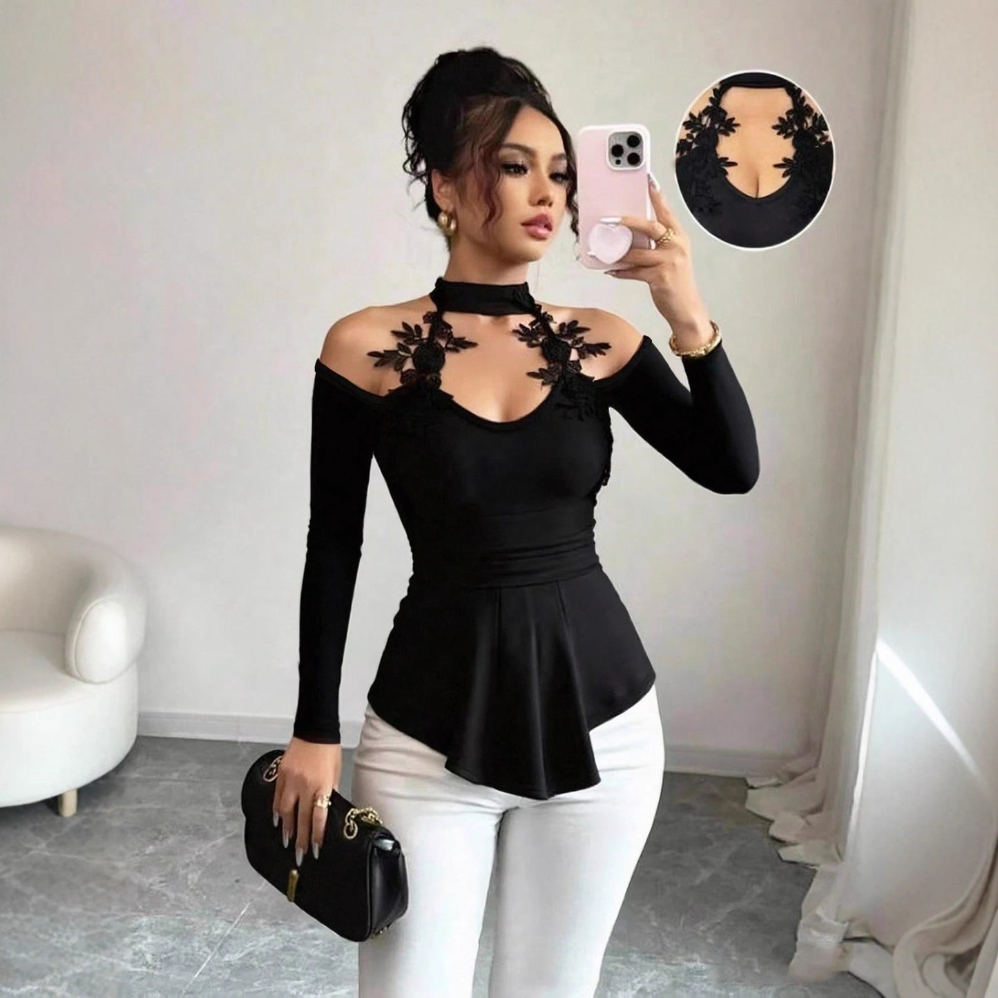 Women's Long Sleeve Top with Choker Neck Detail