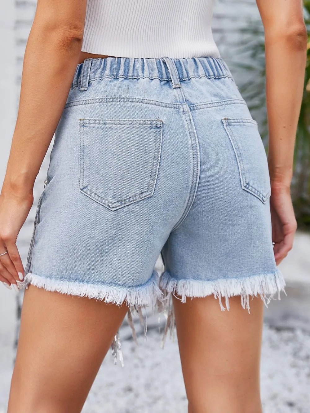 Women's Distressed Pearl Trim Denim Shorts