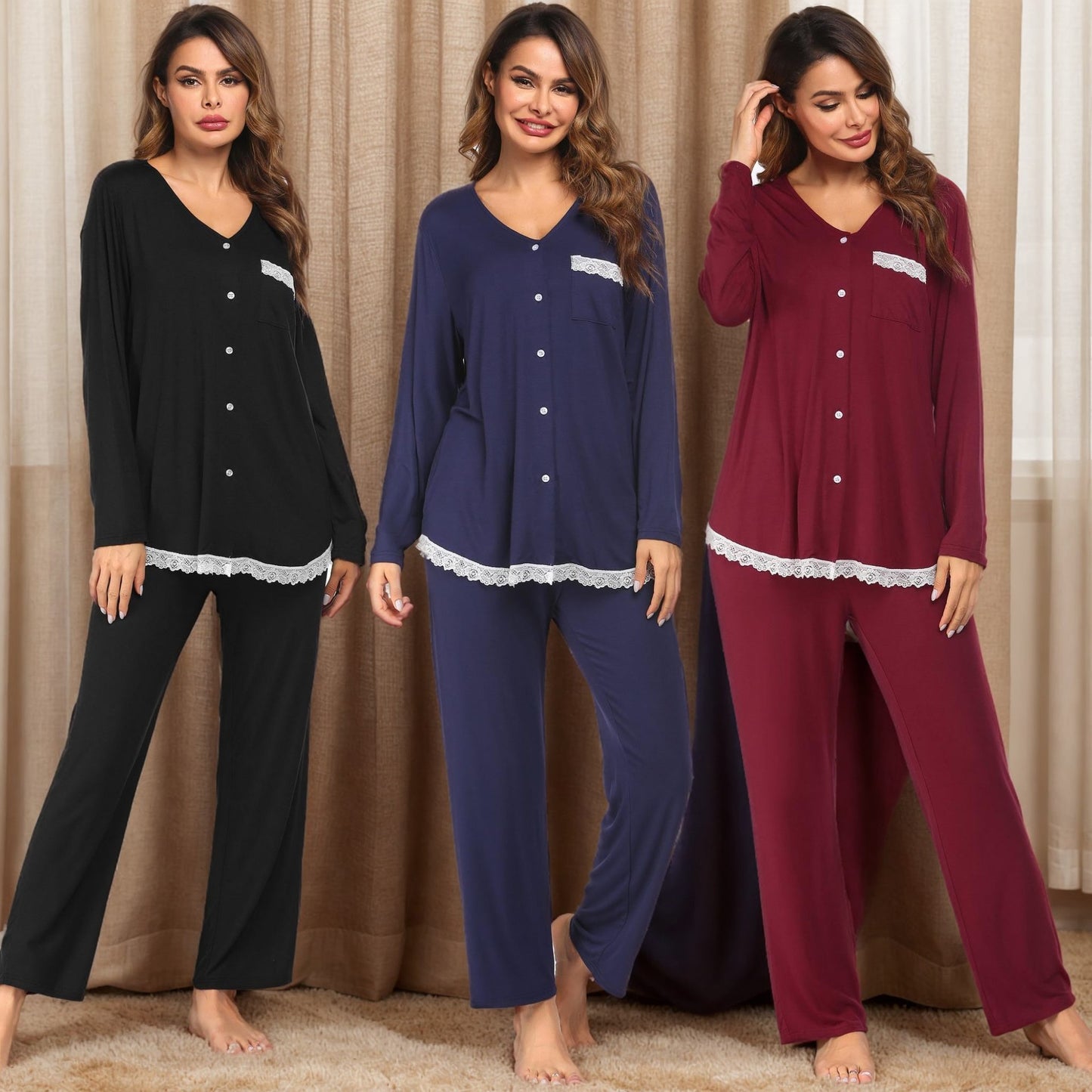 Women's Pyjama Set - Lace Trim - Various Colours