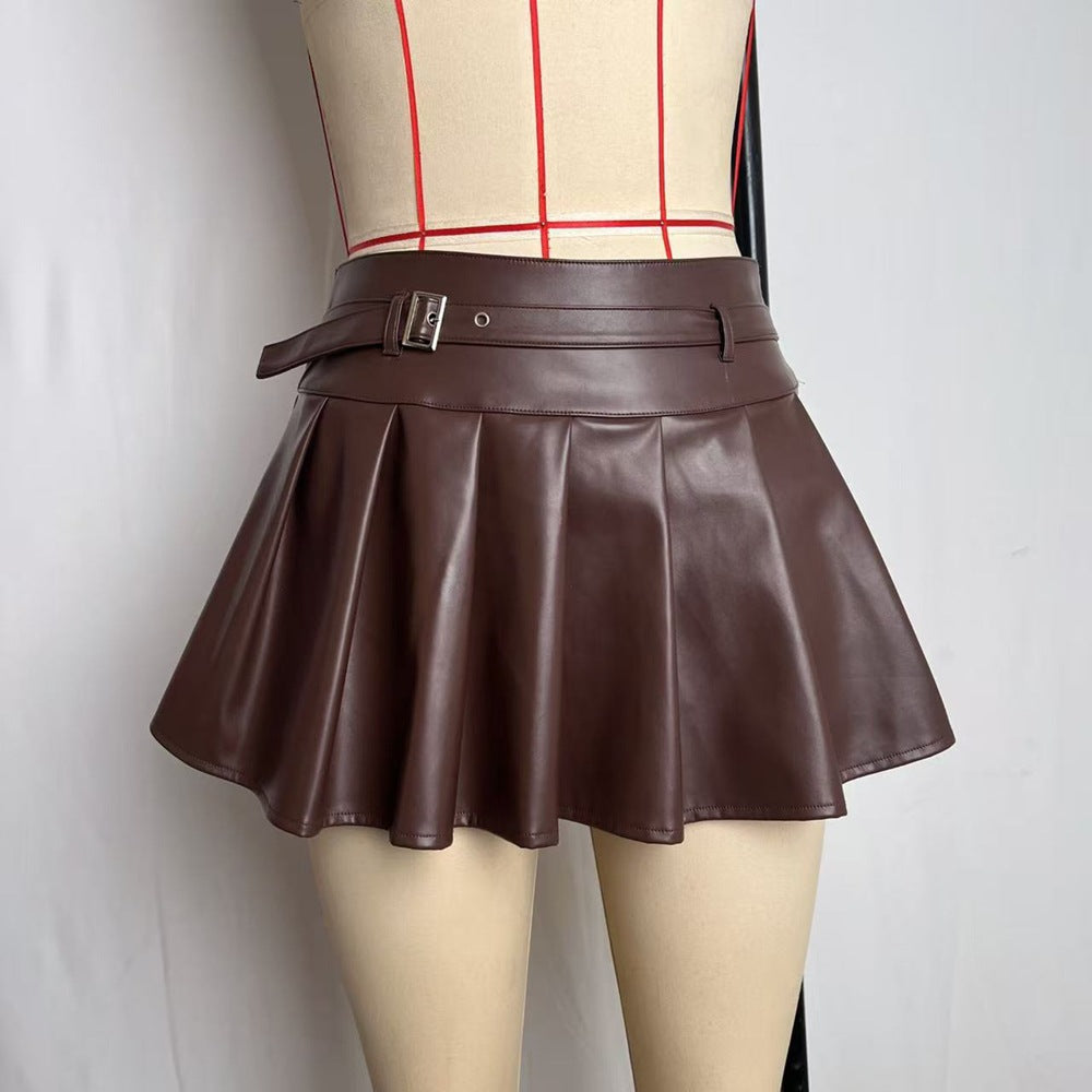 Faux Leather PU Belted Pleat Skirt - Various Colours