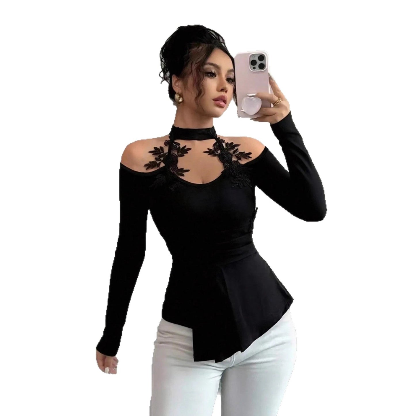 Women's Long Sleeve Top with Choker Neck Detail