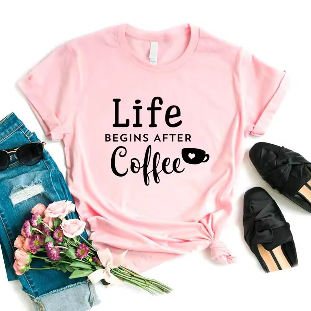Ladies Slogan T-Shirt - Life Begins After Coffee - various colours - size S - 3XL