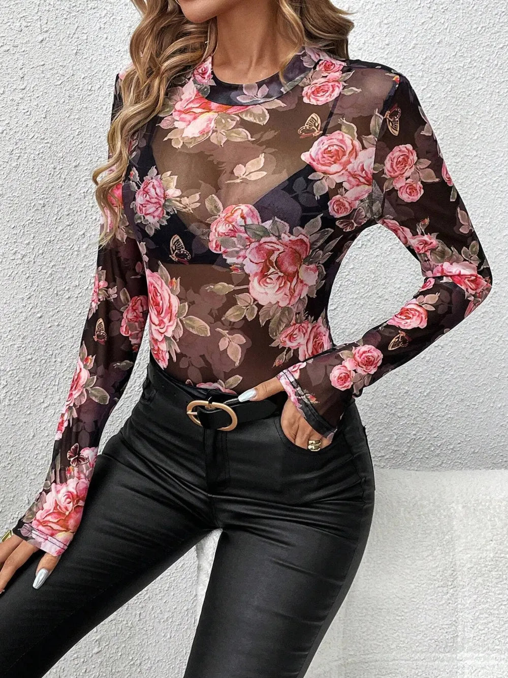 Women's Mesh Floral Mock Neck Long Sleeve Top
