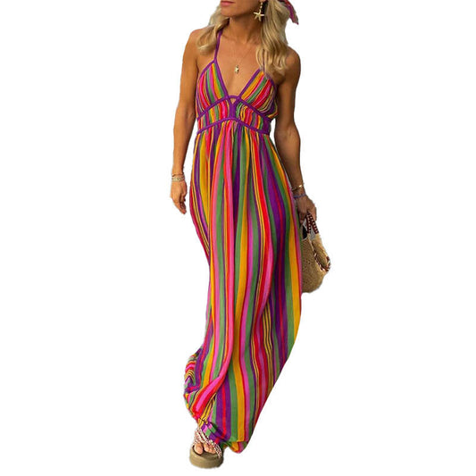 Women's Striped Backless Summer Maxi Dress