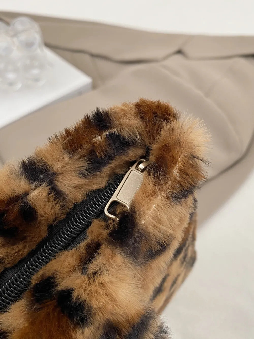 Leopard Print Fluffy Handbag with Zip