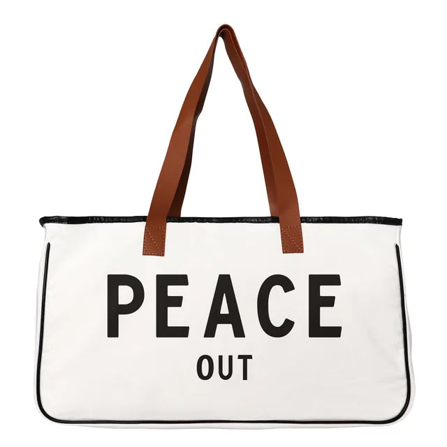 Large Slogan Beach Bag Cotton-Canvas With Genuine Leather Handles