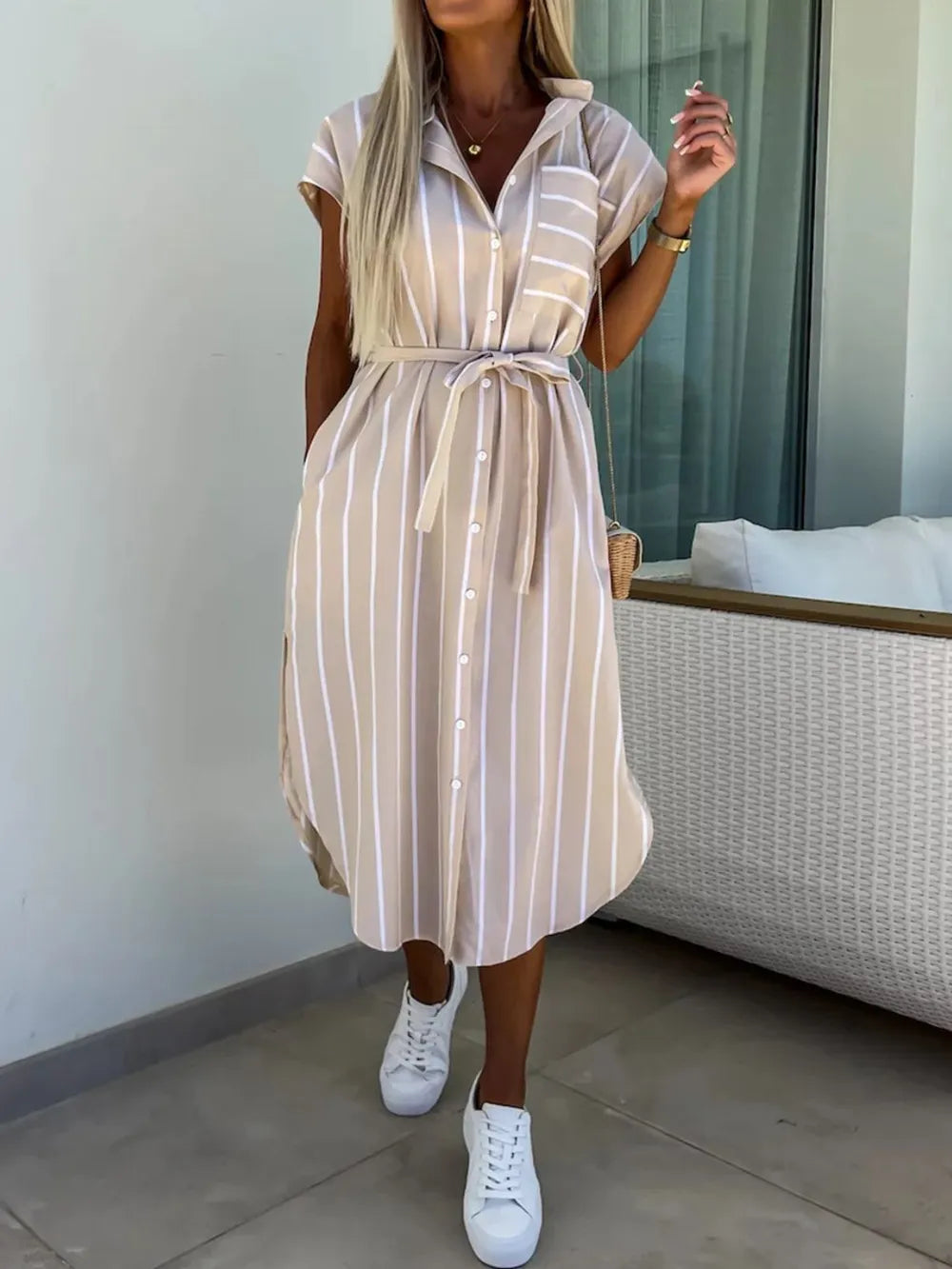 Women's Tie Waist Short Sleeve Dress
