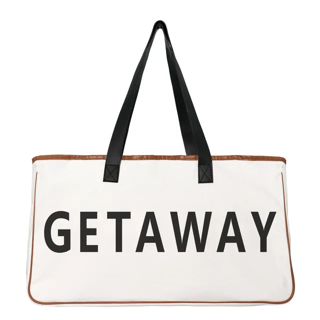 Large Slogan Beach Bag Cotton-Canvas With Genuine Leather Handles