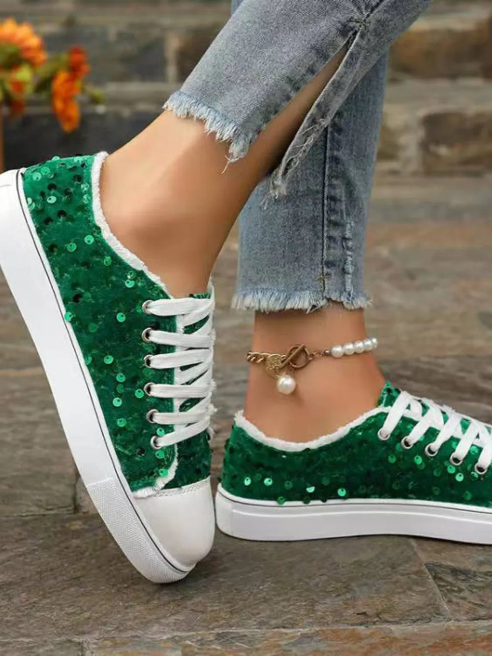Sequin Round Toe Flat Trainer