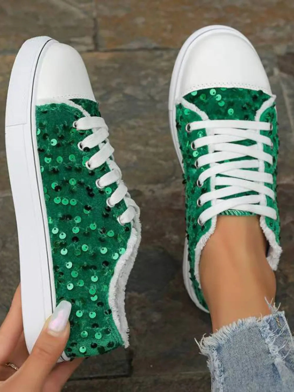 Sequin Round Toe Flat Trainer