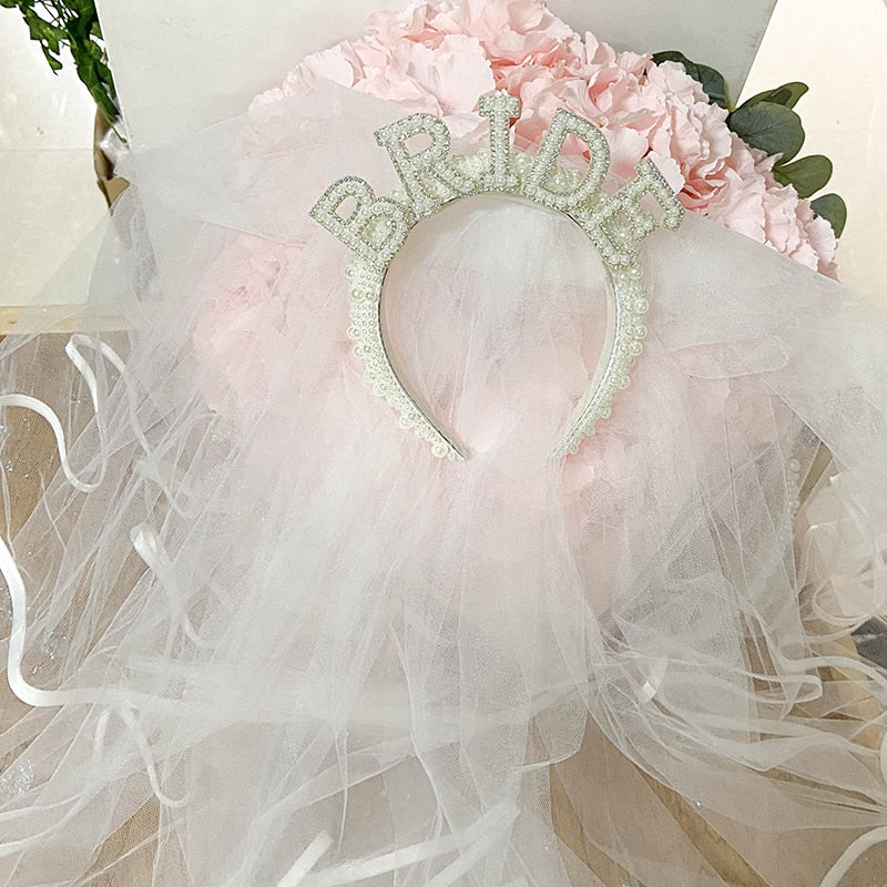 Bride to Be Pearl Crown Tiara and Veil Bachelorette Hen Party Bridal Shower