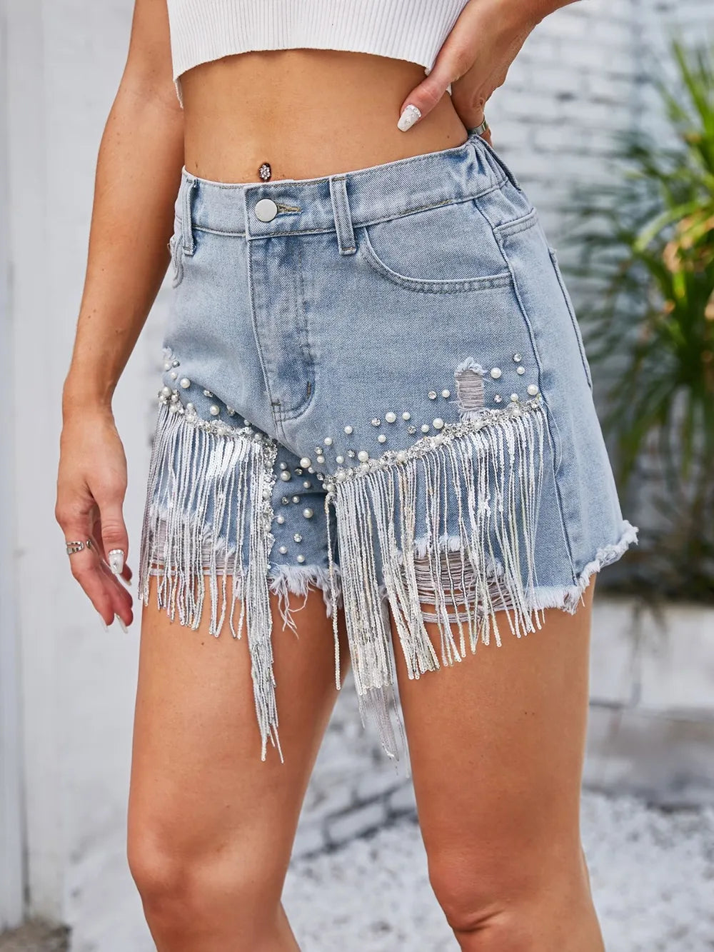 Women's Distressed Pearl Trim Denim Shorts