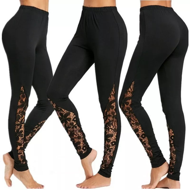 Ladie's High Waist Black Lace Leggings Floral Lace Side Panel Cut Out S-2XL