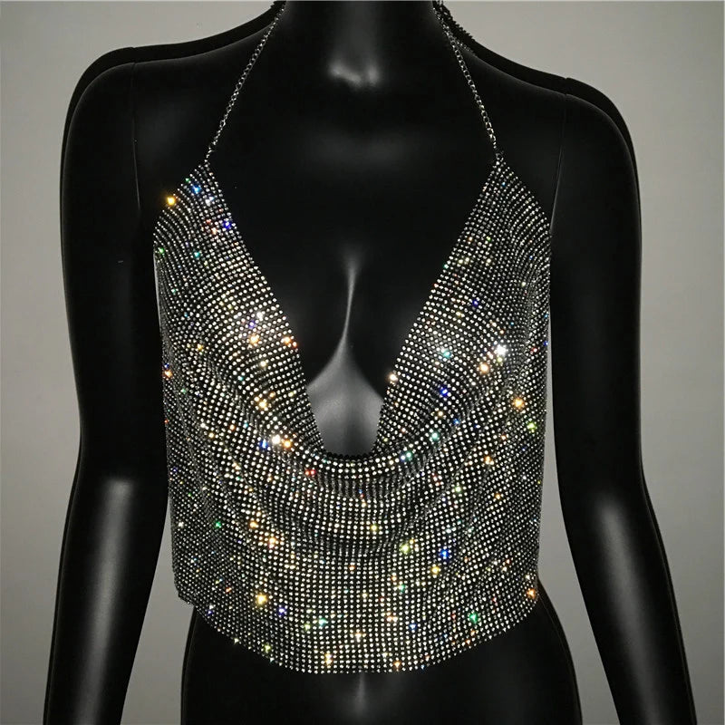 ADD - Halter Handmade Shiny Rhinestone Backless Crop Top - various colours