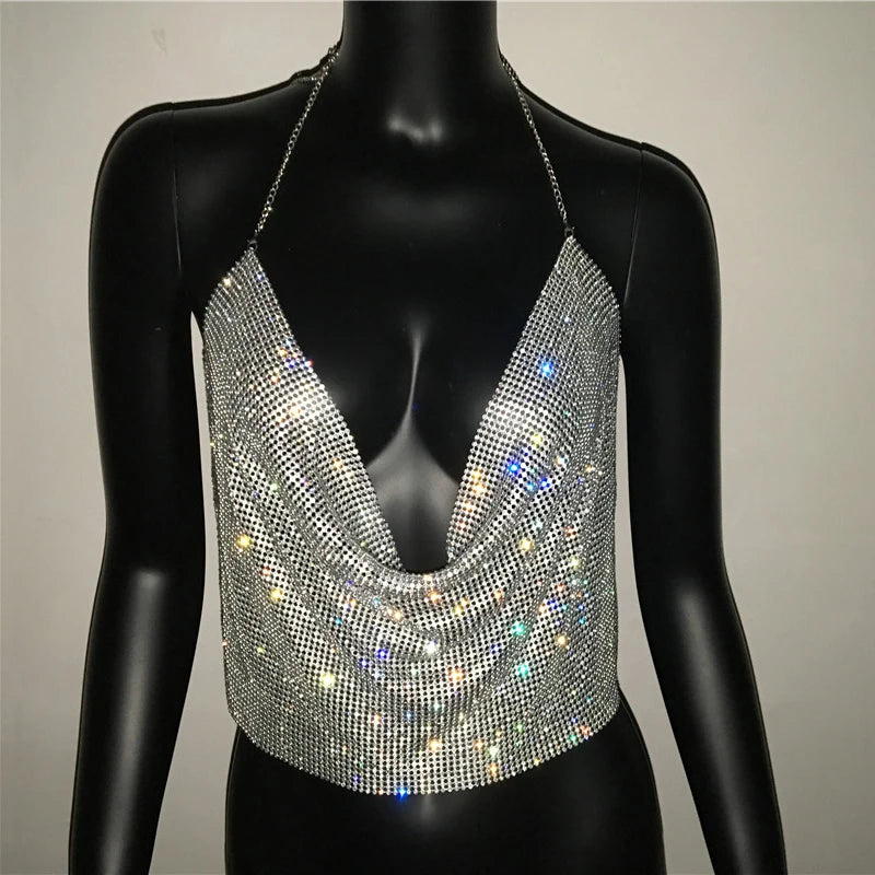 ADD - Halter Handmade Shiny Rhinestone Backless Crop Top - various colours