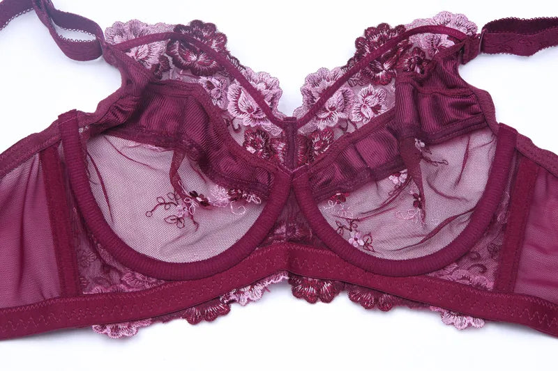 A59 - Ladies Full Coverage Burgundy Floral Embroidery Bra 34-48 B-H cup