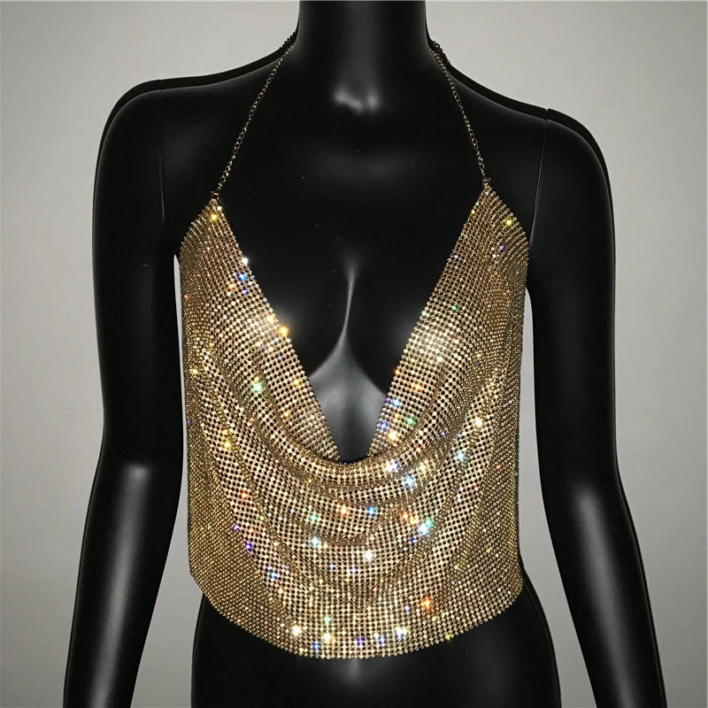 ADD - Halter Handmade Shiny Rhinestone Backless Crop Top - various colours