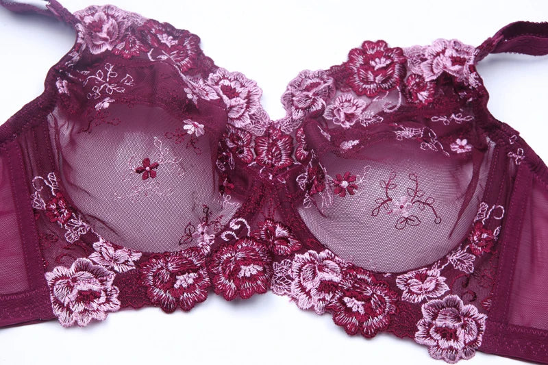 A59 - Ladies Full Coverage Burgundy Floral Embroidery Bra 34-48 B-H cup