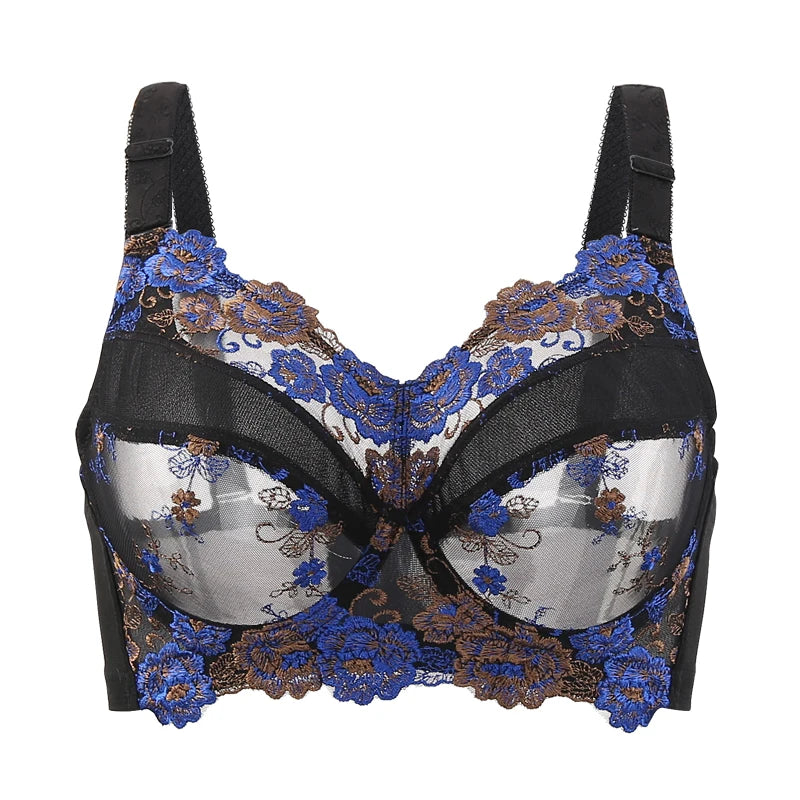 A62 - Ladies Full Coverage Blue Floral Embroidery Bra 34-48 B-H cup
