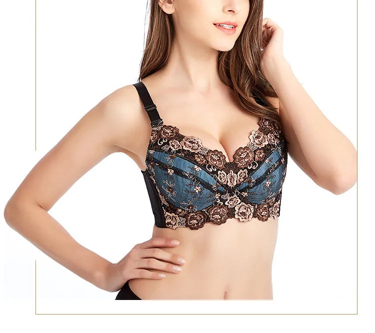 A53 - Ladies Underwire Floral Embroidered Blue Bra 34-48 B-H cup