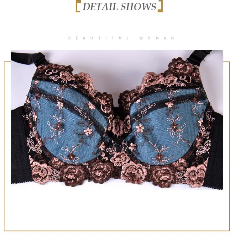 A53 - Ladies Underwire Floral Embroidered Blue Bra 34-48 B-H cup