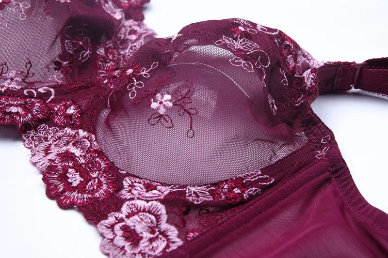 A59 - Ladies Full Coverage Burgundy Floral Embroidery Bra 34-48 B-H cup