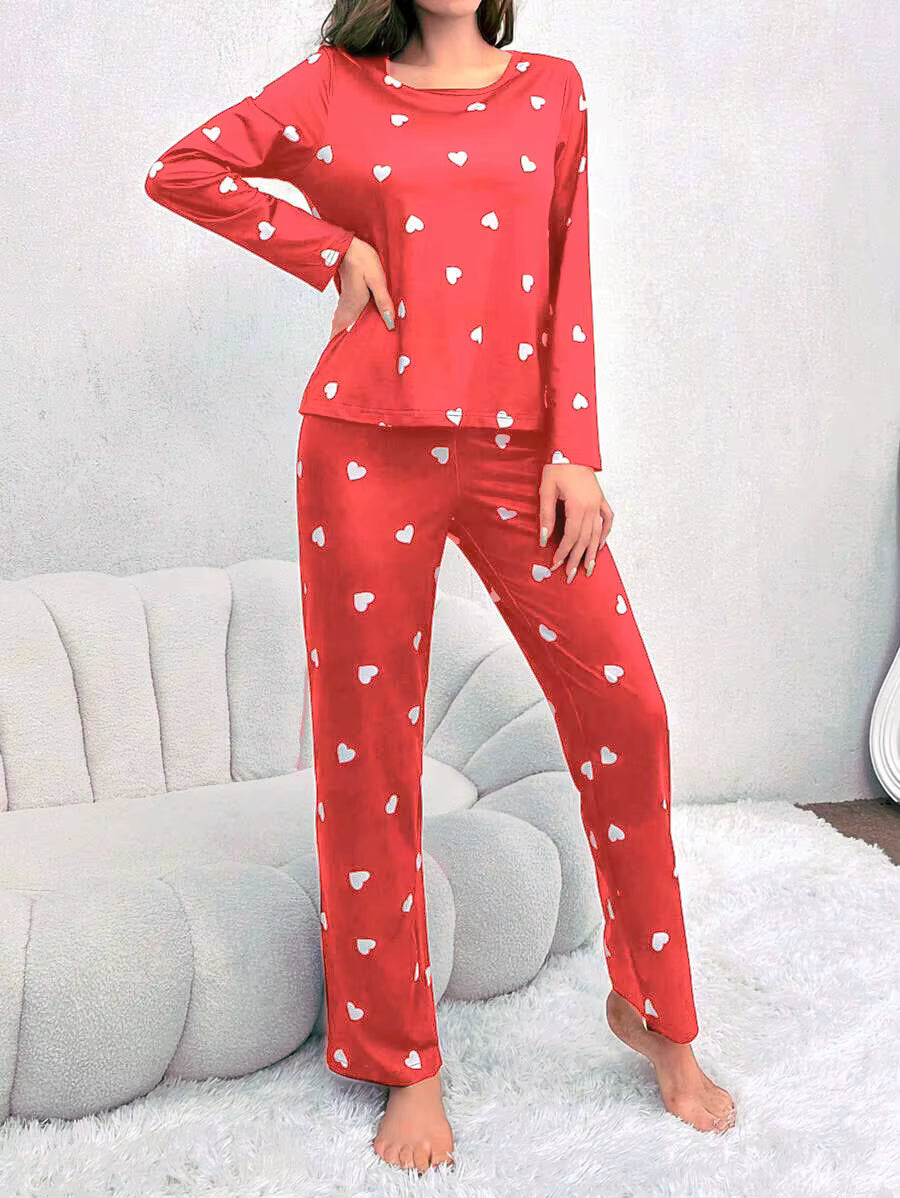 Women's Pyjama Set - Top and Trouser - Heart Print - Red & Black