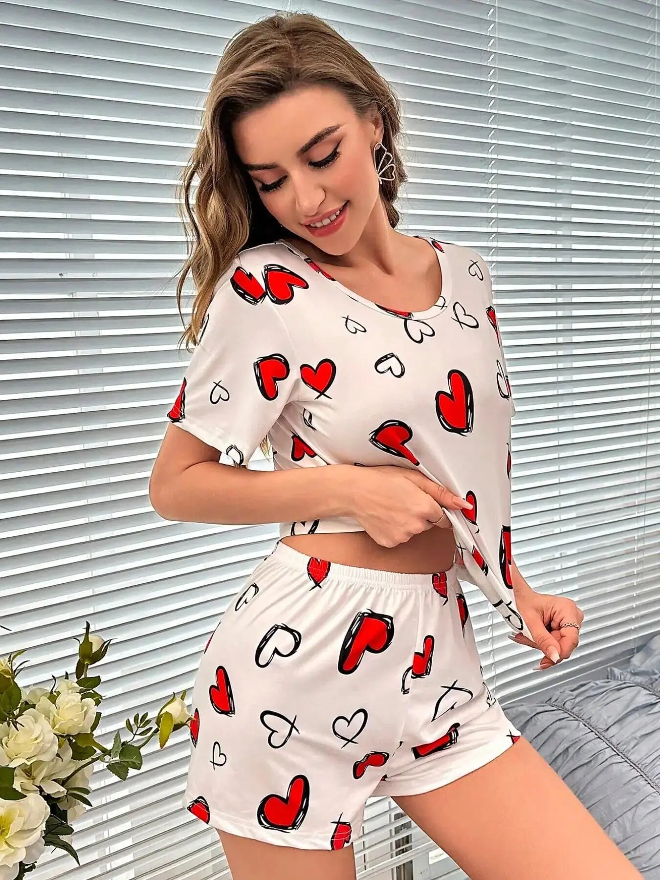 Two Piece Pyjama Set - Heart Print Short Sleeve T Shirt & Shorts
