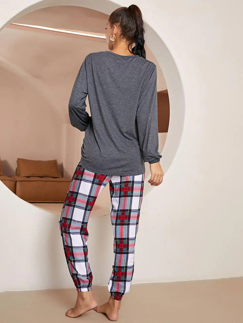 Women's 2 piece Pyjama Set Long Sleeve Cat Plaid T-shirt Top And Pants Sleepwear