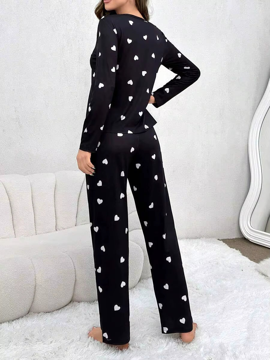 Women's Pyjama Set - Top and Trouser - Heart Print - Red & Black