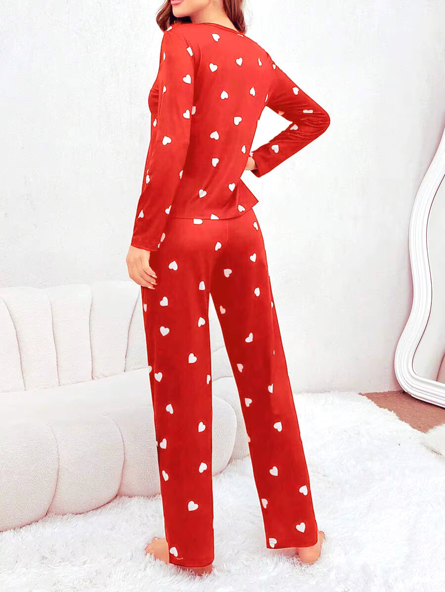 Women's Pyjama Set - Top and Trouser - Heart Print - Red & Black
