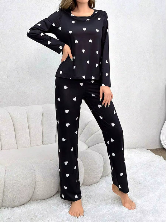 Women's Pyjama Set - Top and Trouser - Heart Print - Red & Black
