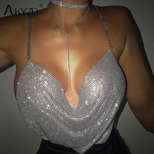 ADD - Halter Handmade Shiny Rhinestone Backless Crop Top - various colours