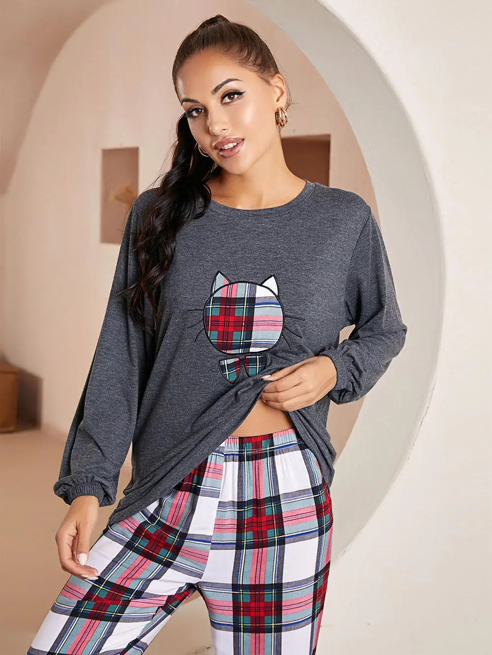 Women's 2 piece Pyjama Set Long Sleeve Cat Plaid T-shirt Top And Pants Sleepwear